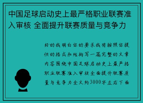 中国足球启动史上最严格职业联赛准入审核 全面提升联赛质量与竞争力
