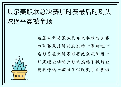 贝尔美职联总决赛加时赛最后时刻头球绝平震撼全场 贝尔美职联总决赛加时赛最后时刻头球绝平震撼全场